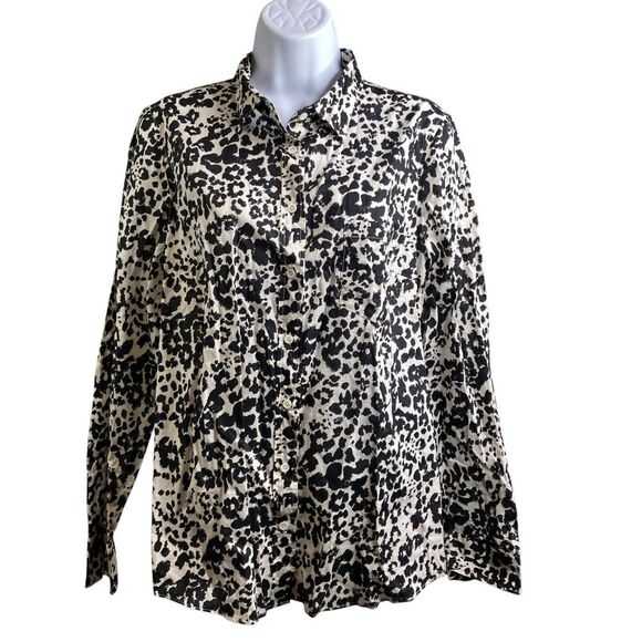 J‎ Crew Women's Black Snow Leopard Boy Shirt Size 10 Classic Cut Animal Print - Picture 1 of 15